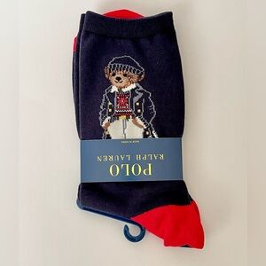 Polo Ralph Lauren Women's Trousser Socks Bear Pattern NavyBlue/Red NWT Size 9-11